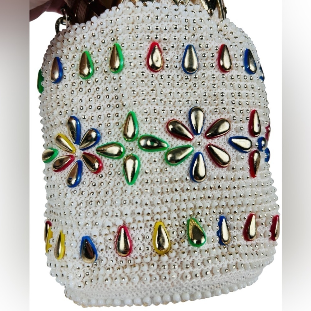 Vintage beaded & bejewelled evening bag, metal retractable closure, chain straps - Picture 6 of 13